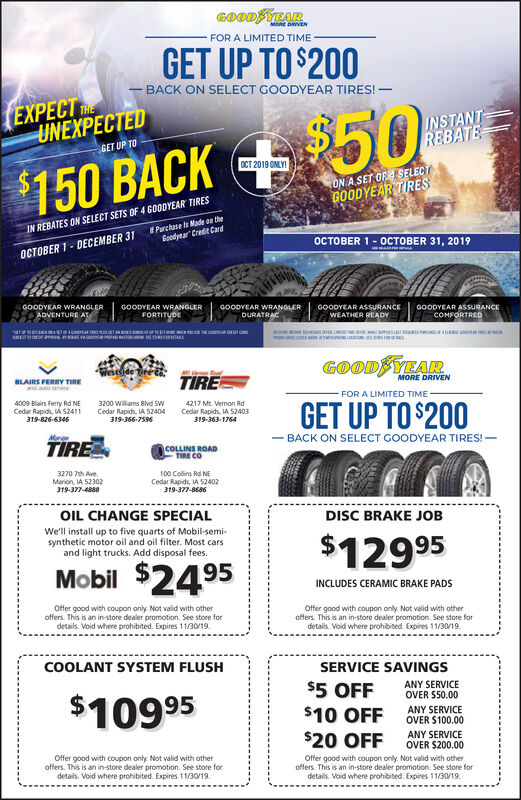 WEDNESDAY, OCTOBER 9, 2019 Ad - Goodyear Tires - Collins Road Tire Co -  Cedar Rapids Gazette