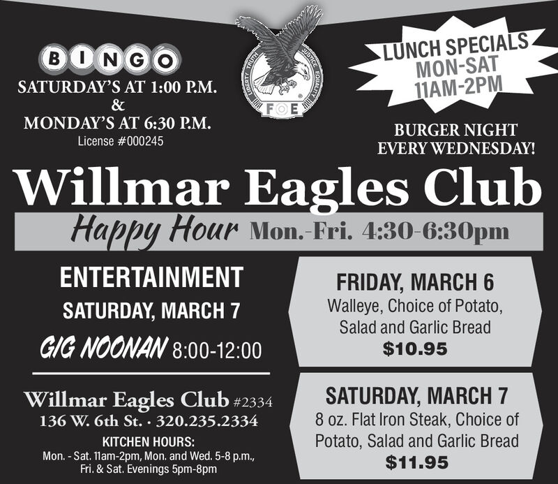 Wednesday March 4 Ad Willmar Eagles Club West Central Tribune