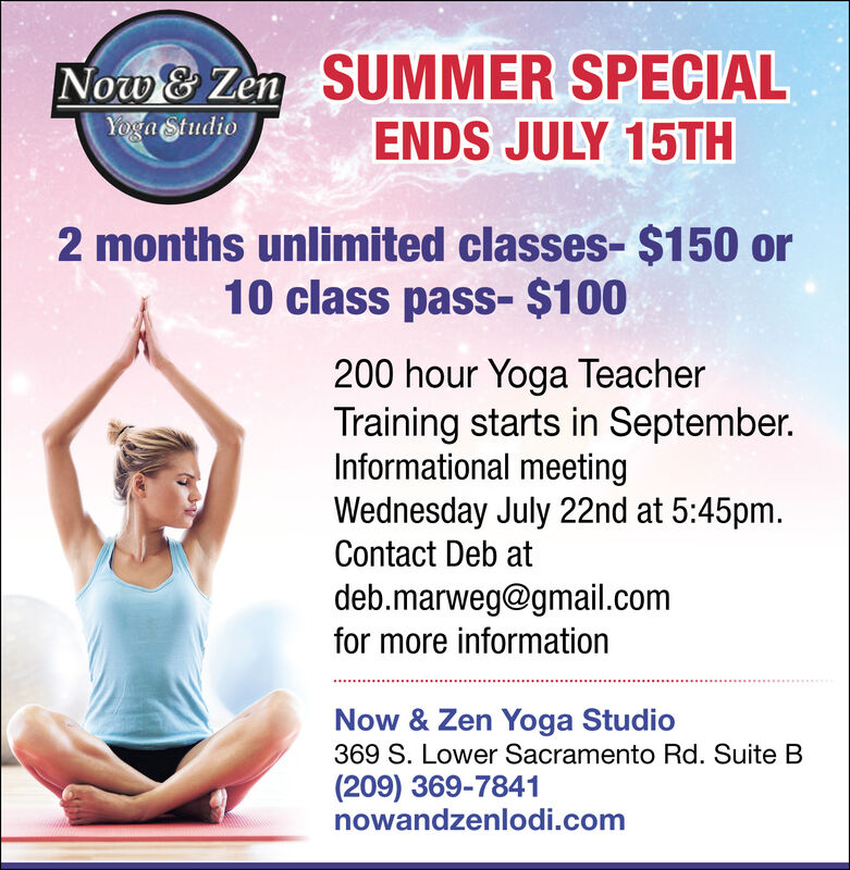 SATURDAY, JULY 11, 2020 Ad - Now and Zen Yoga Studio - Lodi News