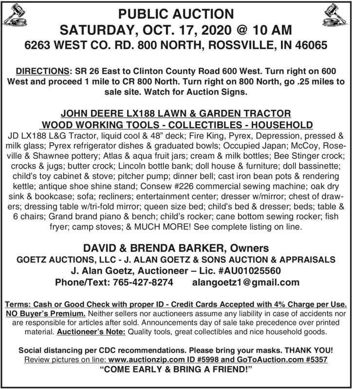 Wednesday October 14 Ad Goetz Auctions Llc J Alan Goetz Sons Auction Frankfort Times