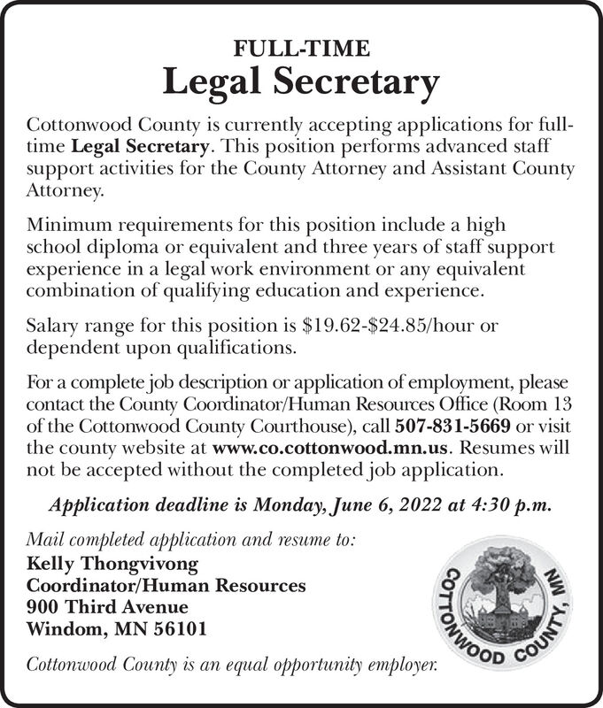 MONDAY, MAY 23, 2022 Ad - Cottonwood County Coordinator - Cottonwood County  Citizen