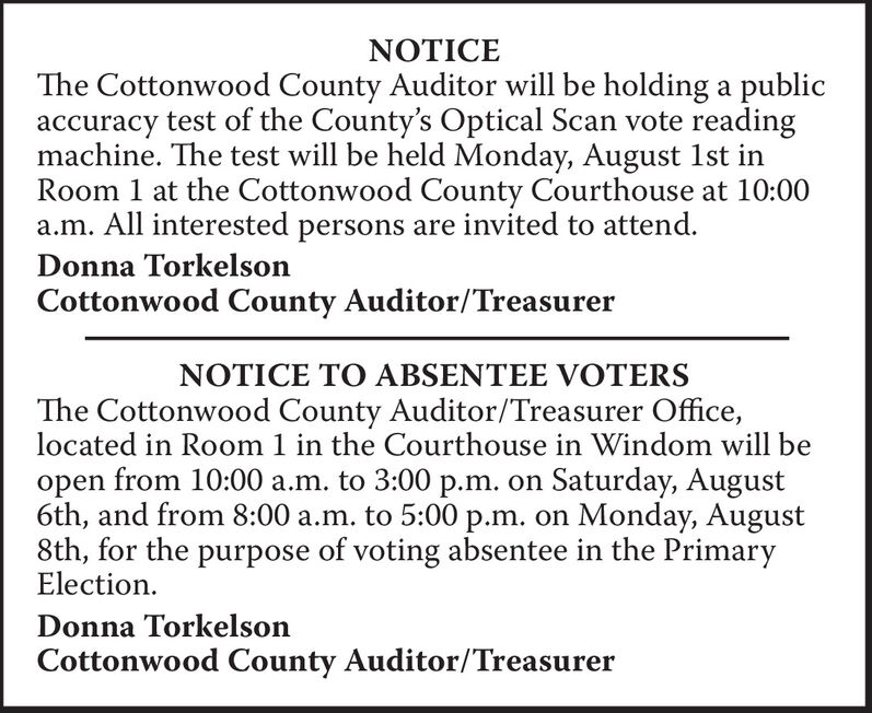 WEDNESDAY, JULY 20, 2022 Ad - Cottonwood County Auditor/Treasurer - Cottonwood  County Citizen
