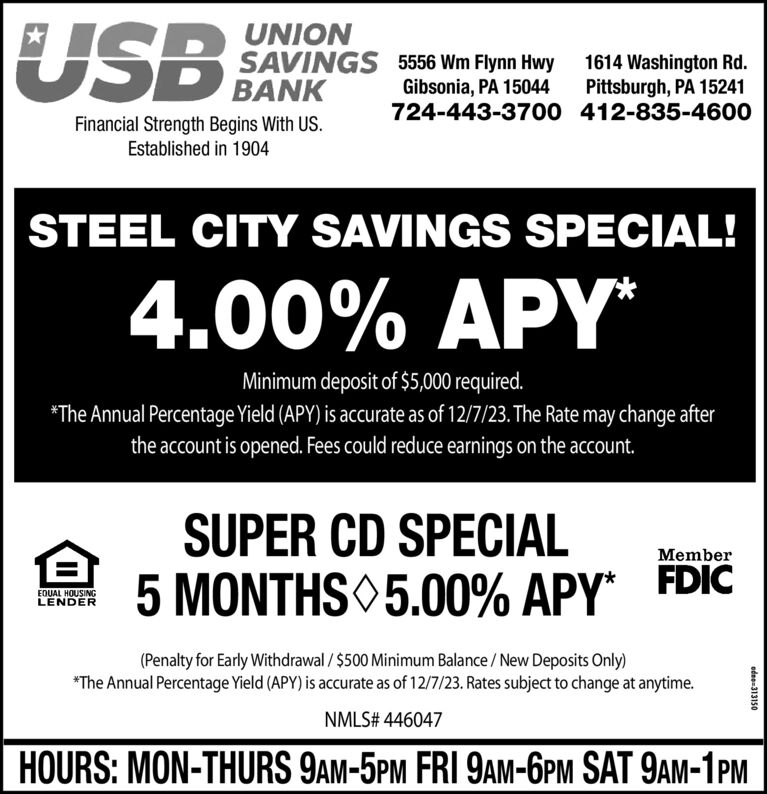 THURSDAY FEBRUARY 1 2024 Ad Union Savings Bank Gibsonia