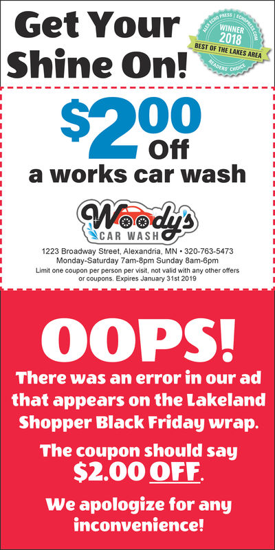 WEDNESDAY NOVEMBER 21 2018 Ad Woody s Car Wash Echo Press